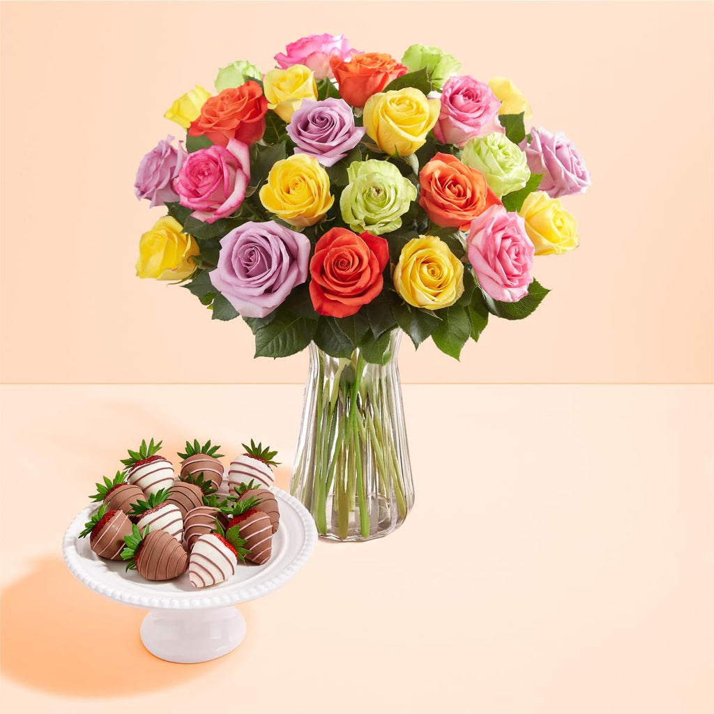 Shari's Berries 24 Assorted Roses with Vase & 12 Gourmet Chocolate Covered Strawberries Gift Set| Flower & Chocolate Gift Delivery for Birthdays, Anniversaries, Weddings, or Saying Thank You