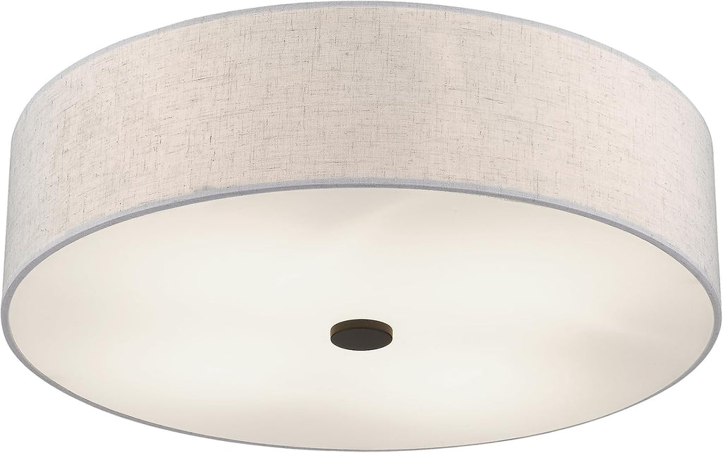Livex Lighting 52136-92 Meridian Collection 4-Light Transitional Ceiling Mount Fixture with Oatmeal Color Fabric Hardback Shade, English Bronze