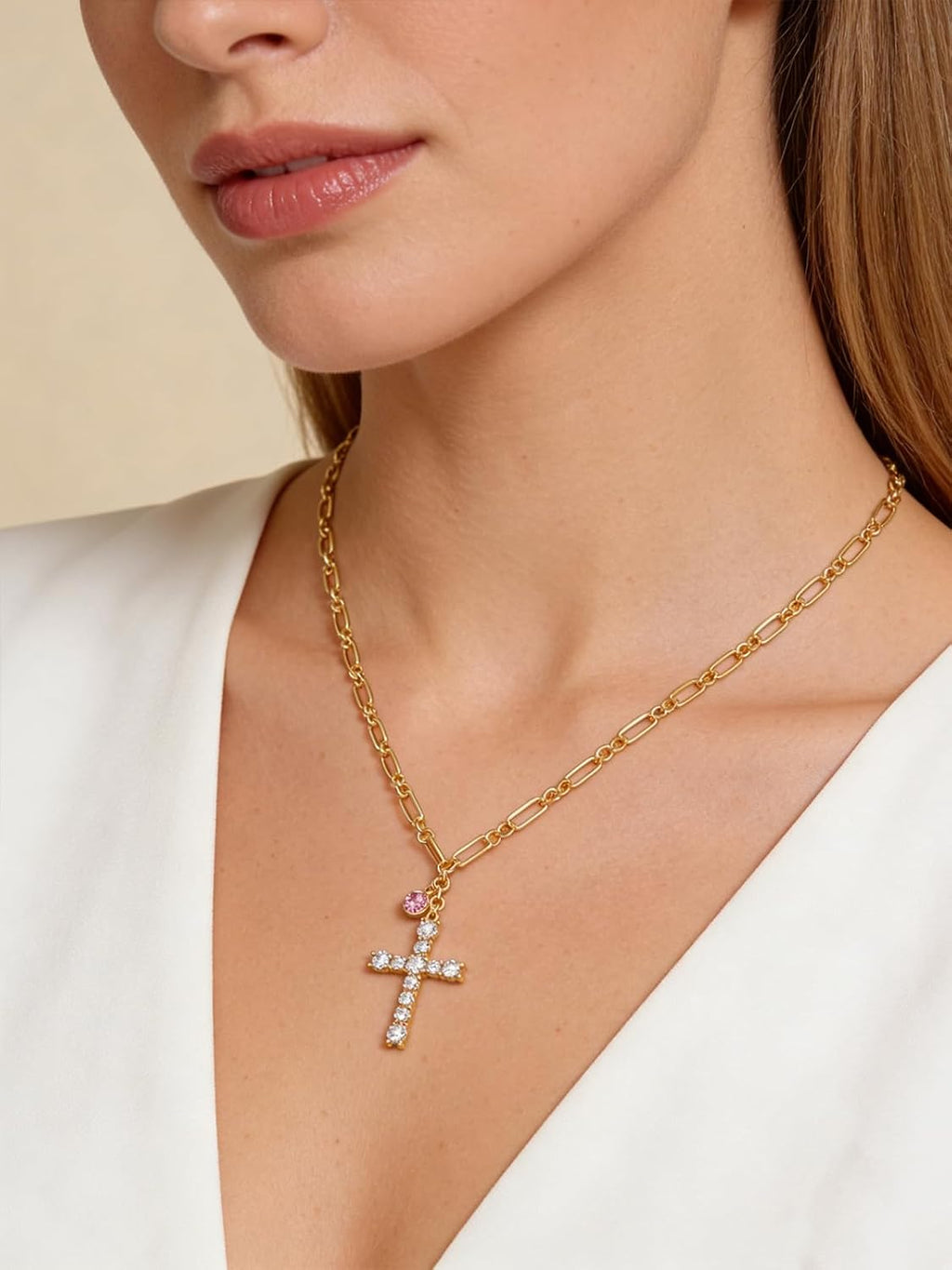 Cross Necklace for Women 14K Gold Birthstone Anniversary Birthday Gift for Wife Mom Protection Christian Jewelry Adjustable Chain