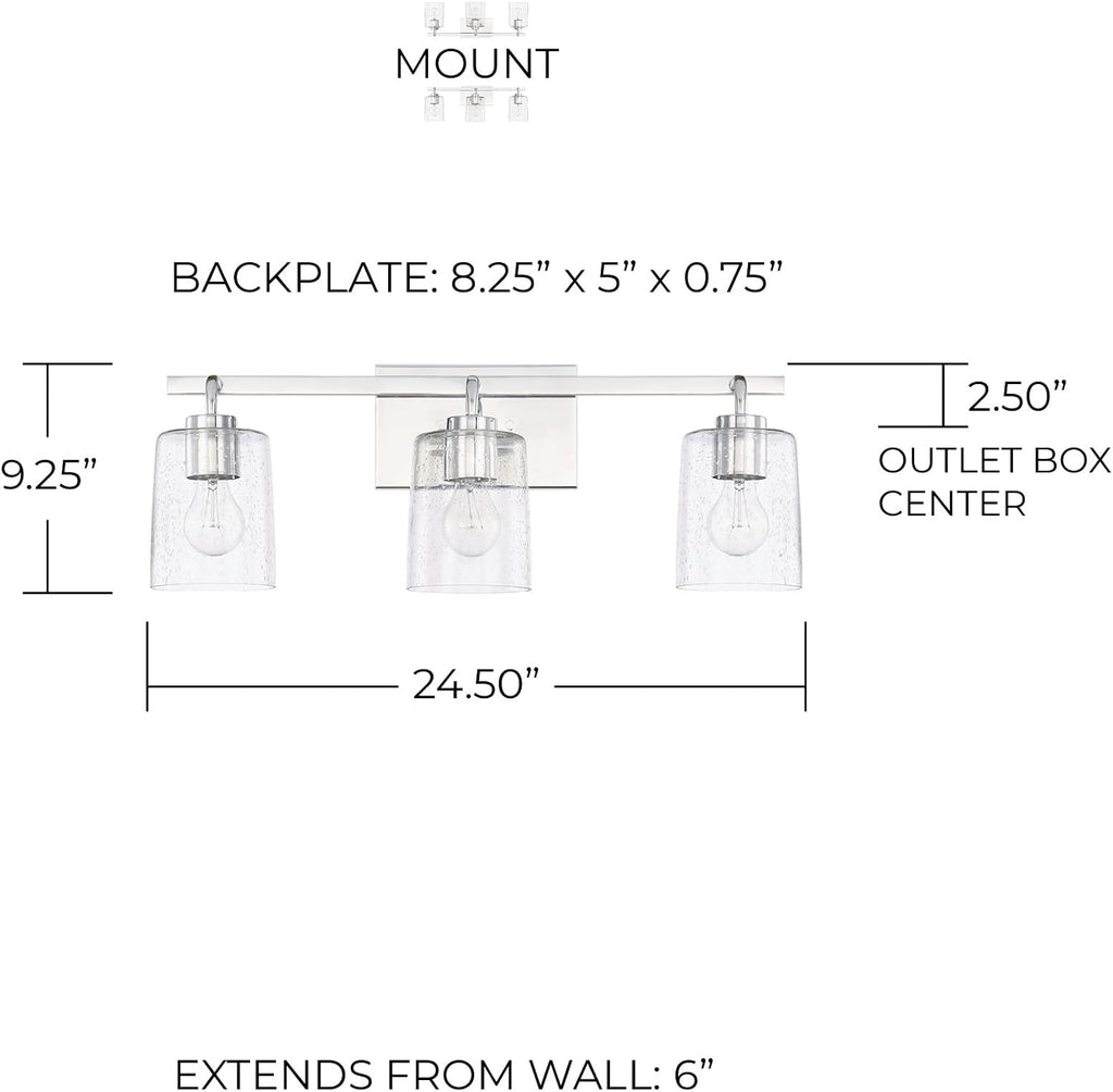 HomePlace Lighting 128531CH-449 Greyson Urban/Industrial Clear Seeded Glass Bathroom Vanity Wall Light, 3-Light 300 Total Watts, 9'H x 25'W, Chrome