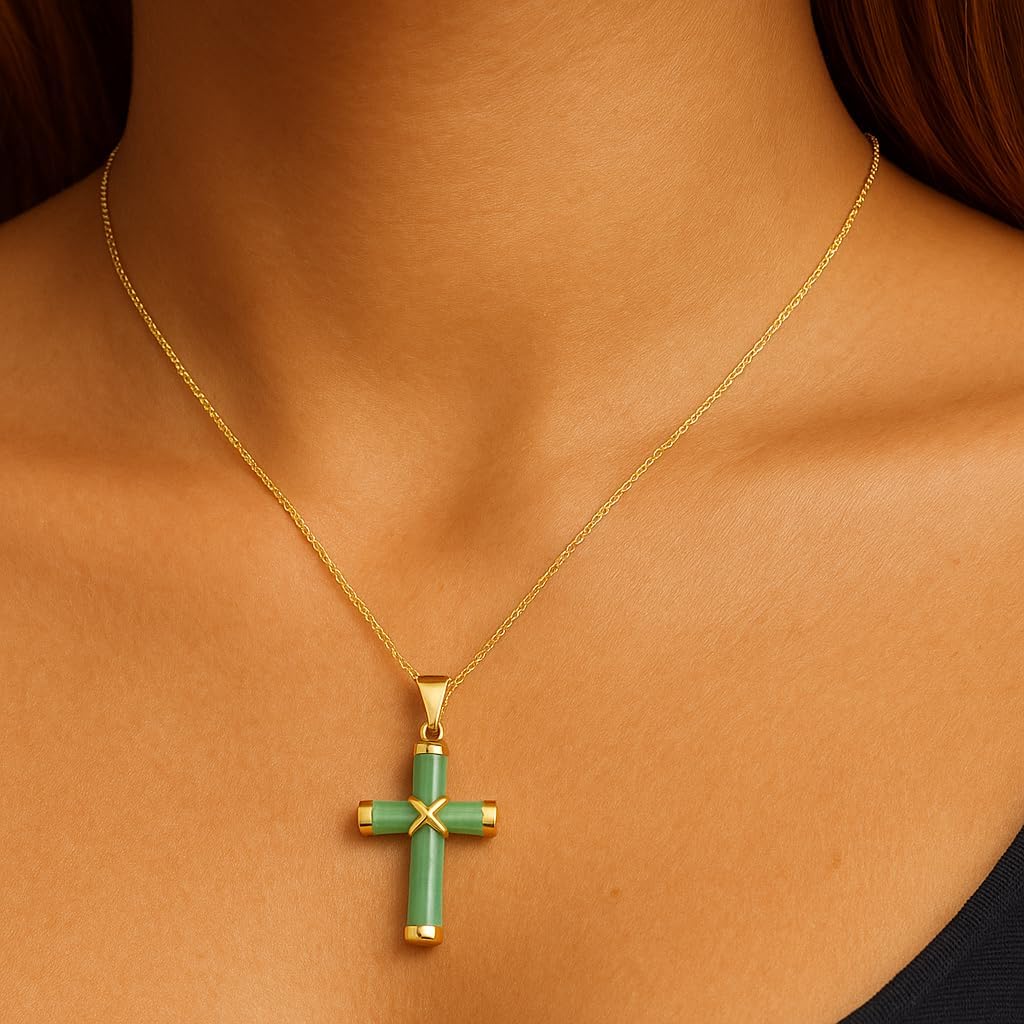 Belacqua Natural Green Jade Cross Pendant Necklace in 14K Yellow Gold, With Chain or Without Chain, Fashion Jewelry for Women, Gift Box Included