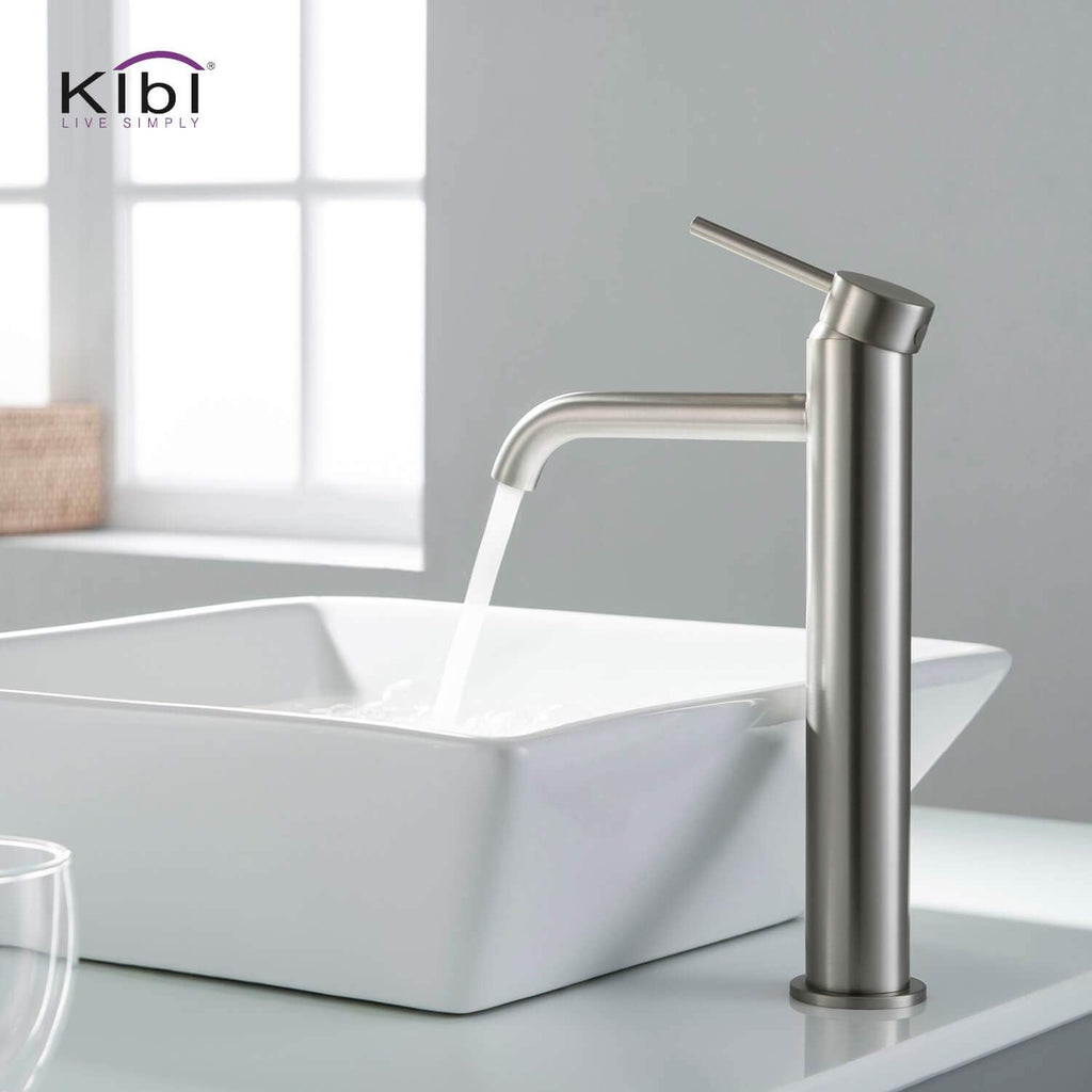 KIBI Solid Brass Single Handle Single Hole Circular Faucet for Bathroom Sink with Pop Up Drain | High Arc Faucet Spout Design | Corrosion and Rust Resistant (Brushed Nickel, KBF1009)