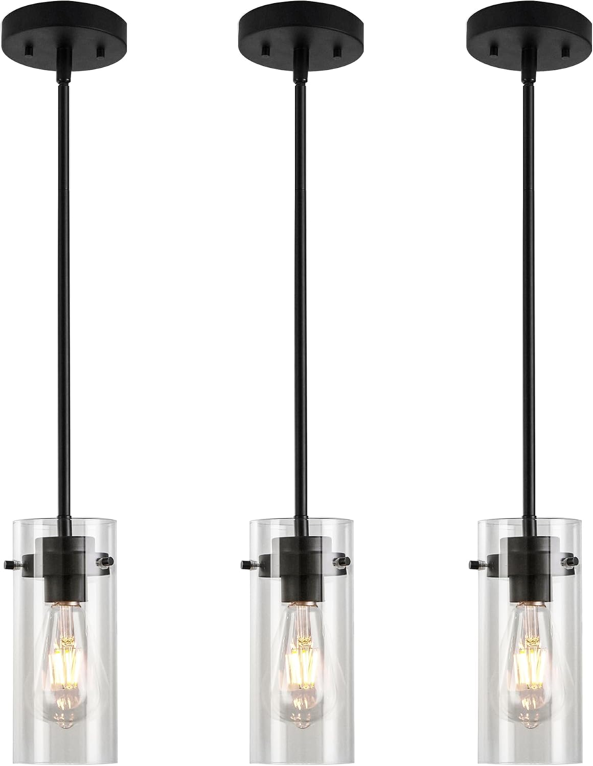 EAPUDUN Pendant Lights Kitchen Island (3 Pack), Clear Glass Shade Kitchen Lighting fixtures Ceiling Hanging, Black Pendant Lights for Kitchen Island,Dining Room,Corridor Bedroom E26 Base