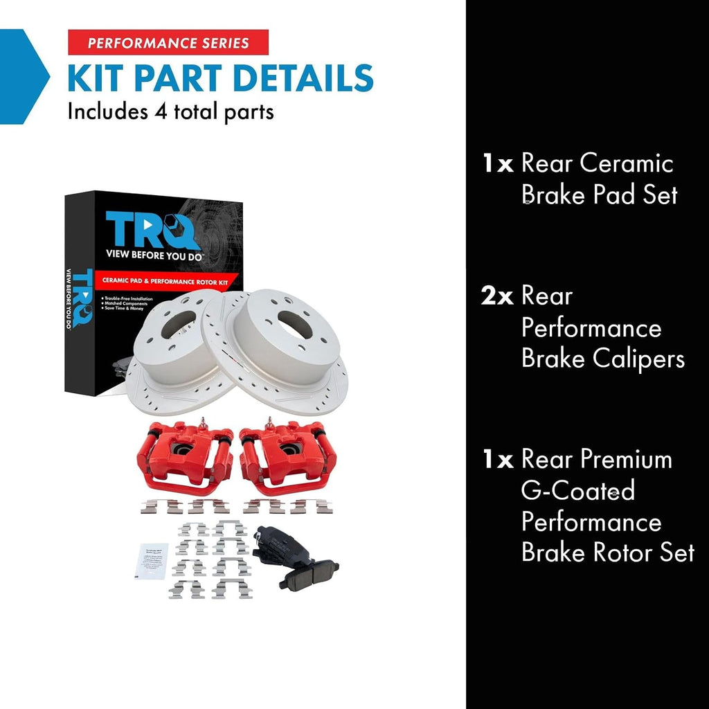 TRQ Performance Rear Brake Pad and Rotor Set Ceramic Coated Drilled Slotted Vented Rotors Calipers Red Compatible with 2002-2006 Nissan Altima 2004-2006 Maxima 2013-2022 Altima