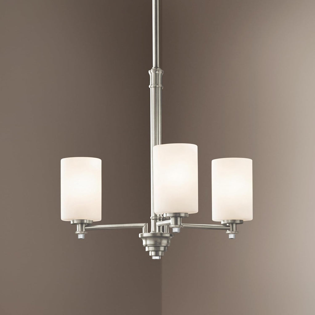 Kichler Joelson 18.5' 3 Light Mini Chandelier with Satin Etched Cased Opal and Clear Glass Accent Glass in Brushed Nickel