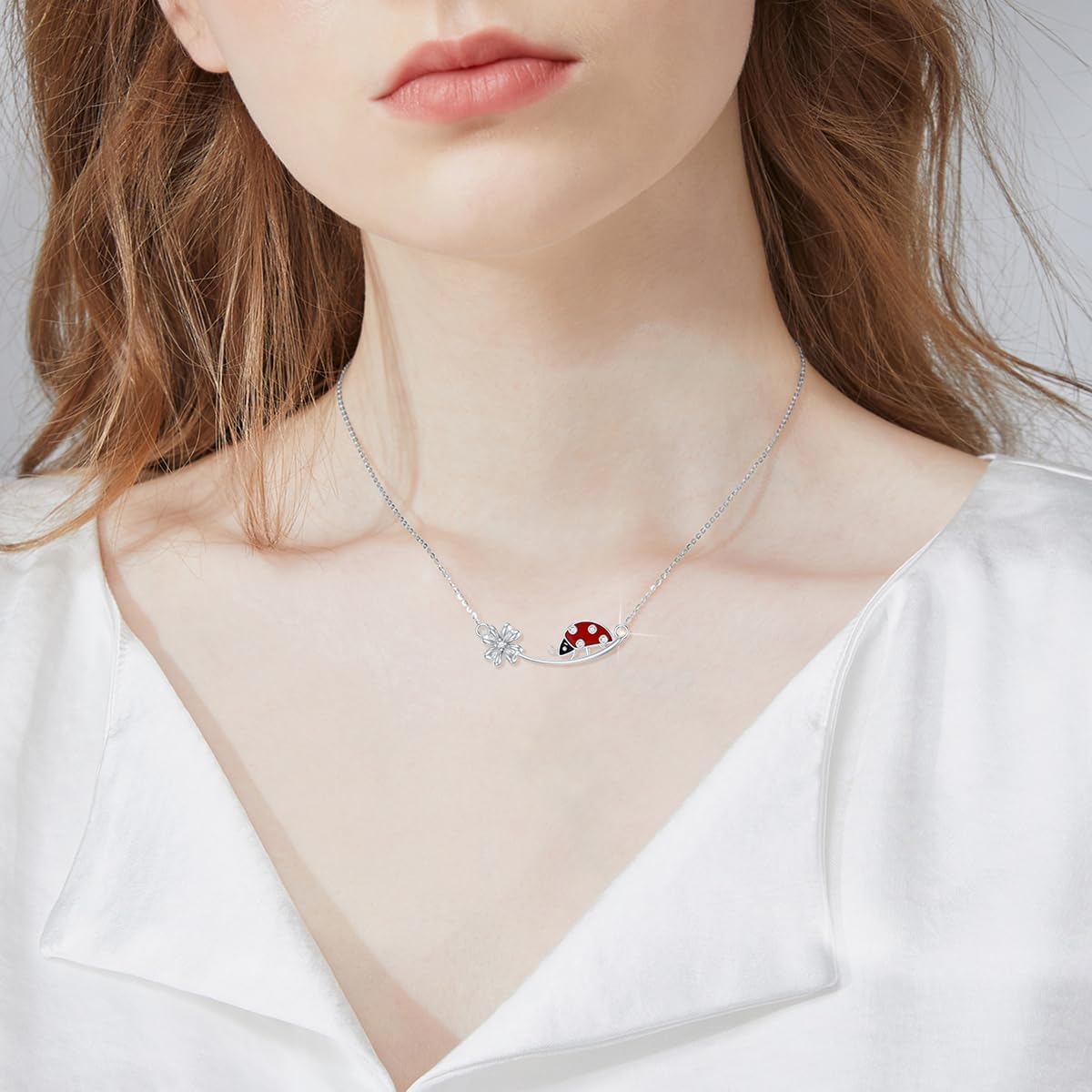 Diamond Ladybug Necklace for Women 925 Sterling Silver Lucky Four Leaf Clover and Ladybug Necklace with Lab Grown Diamonds Jewelry Gifts for Mom Wife Girlfriend Daughter