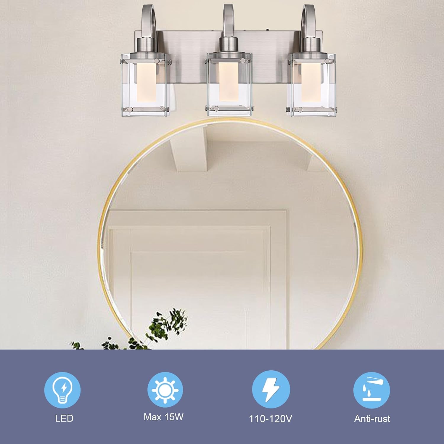 3-Light Brushed Nickel Vanity Light Fixtures, Modern LED Bathroom Wall Lights for Dressing Room, Integrated LED Chips with Frosted Column & Clear Square Glass Shades, Energy Saving Wall Sconce