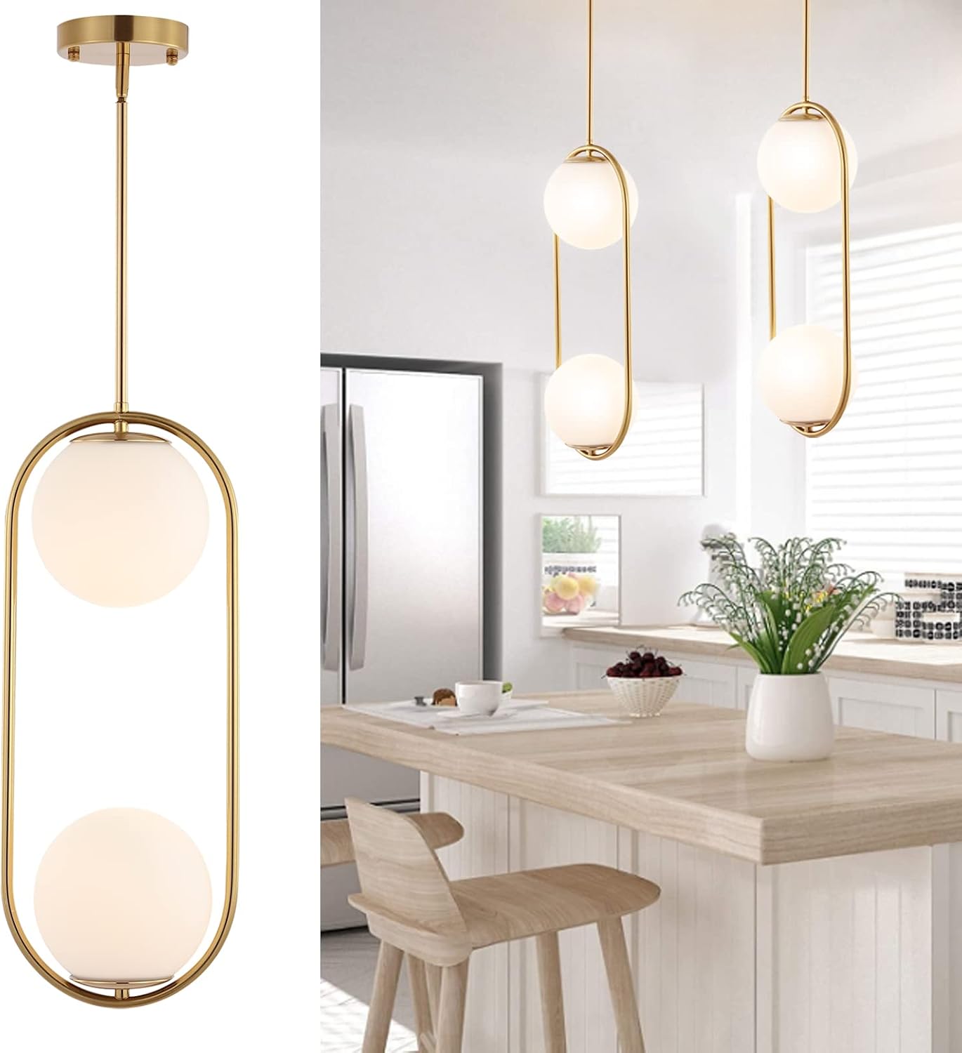 BYOLIIMA Modern Gold Globe Chandelier 2-Lights Mid Century Pendant Light Brushed Brass Ceiling Hanging Lighting Fixture with White Globe Glass Lampshade for Kitchen Island Dining Room Bedroom