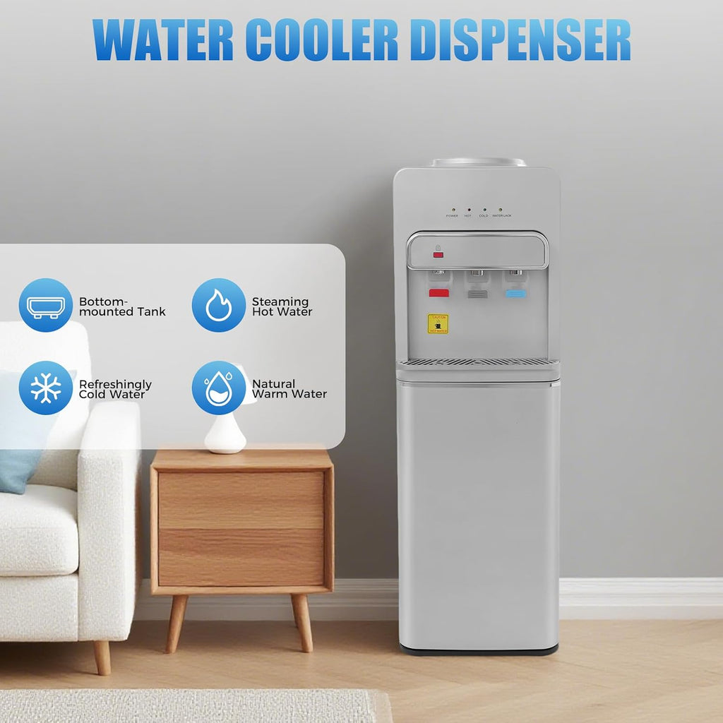 Bottom Loading Water Cooler Dispenser for 3 or 5 Gal Bottles Hot, Cold & Room Water 3 Temperature Settings Water Dispenser with Child Lock Cooling 50°F-59°F for Home Use(Silver 2)