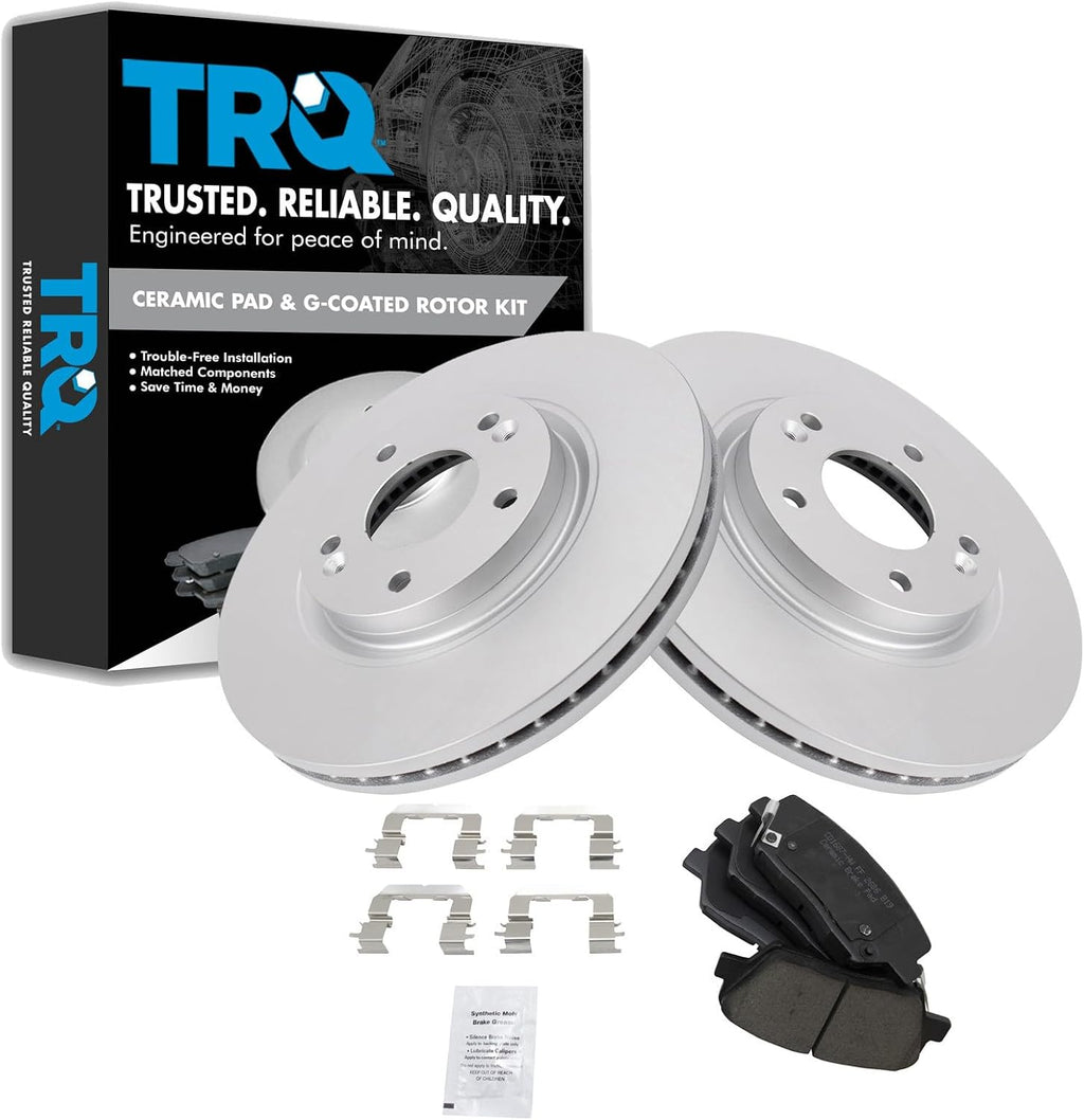 TRQ Front Ceramic Brake Pad and Rotor Set Coated 11.81 in 5-Lug for 2010-2012 Hyundai Santa Fe 2011-2013 Kia Sorento with 300mm Front Rotors Models