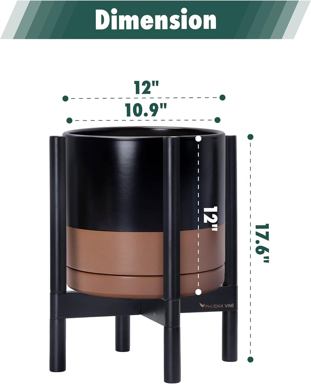 D'vine Dev Ceramic Planter with Ebony Stand - 12 Inch Modern Round Flower Pot with Wood Planter Holder, Black/Speckled Tan, 55-B-H-7