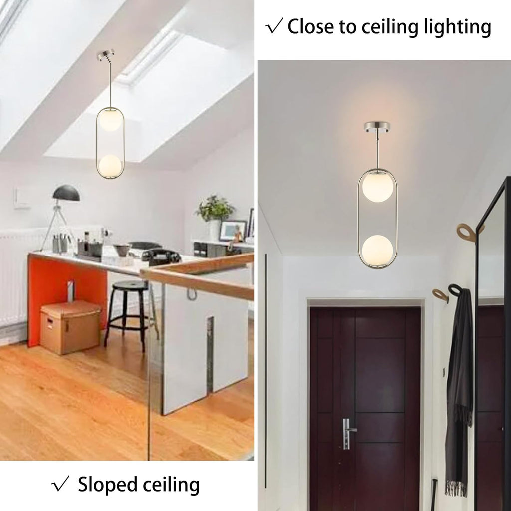 BYOLIIMA Modern Globe Pendant Light 2-Lights Brushed Nickel Chandelier Mid Century Ceiling Hanging Lighting Fixture White Globe Glass Shades for Kitchen Island Dining Room Bedroom