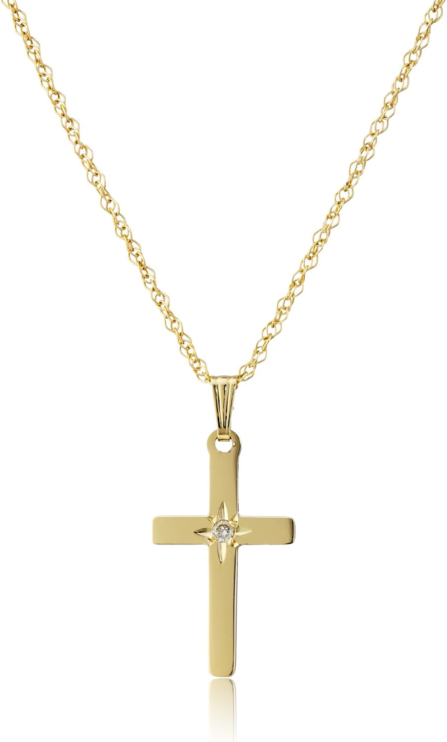 Amazon Essentials Women's 14k Yellow Gold Solid Diamond-Accented Cross Pendant Necklace, 18'