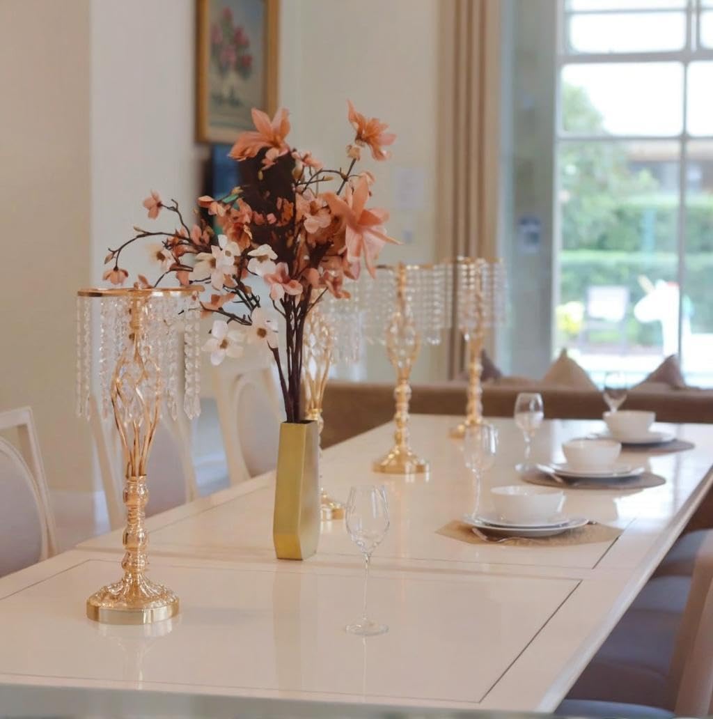 16 pcs 21.65 Inch Wedding Gold Flower Centerpieces Crystal Metal Flower Vase Wedding Centerpieces for Tables Decorations