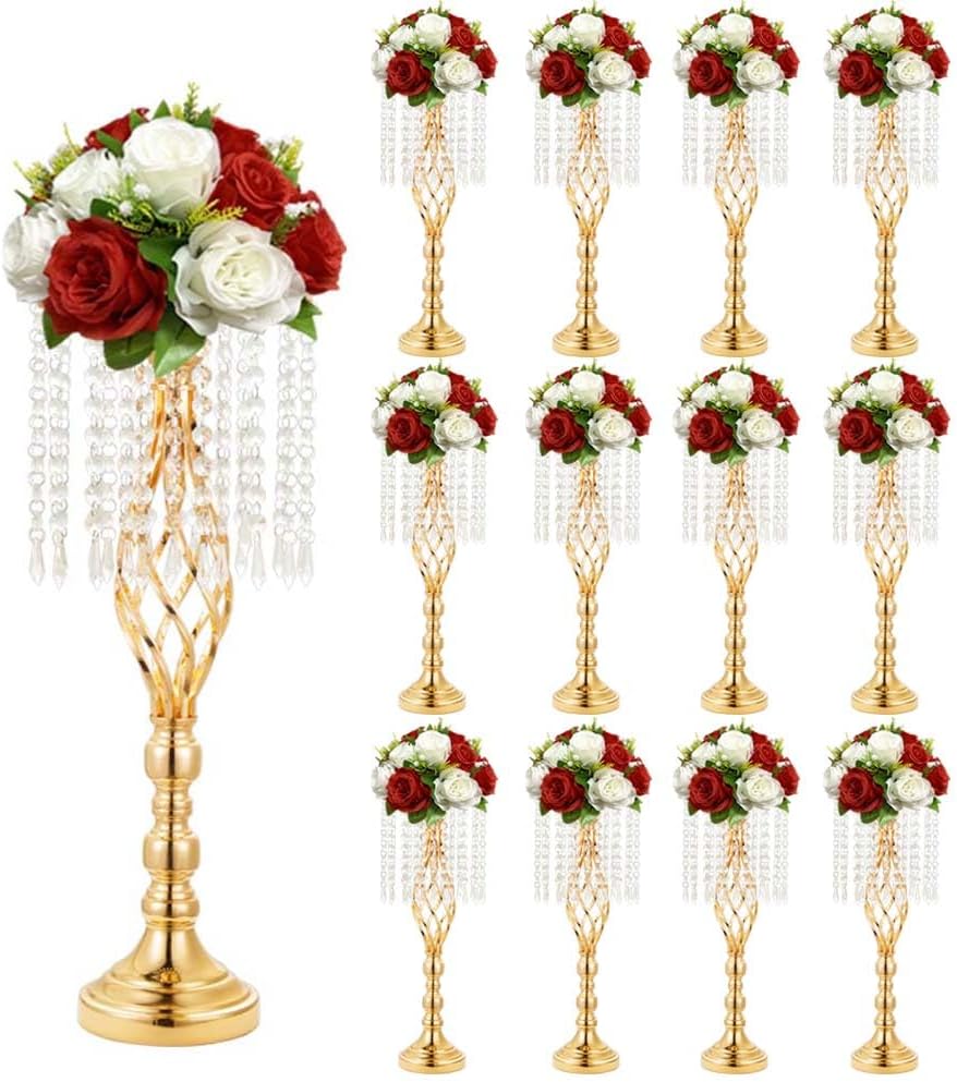 16 pcs 21.65 Inch Wedding Gold Flower Centerpieces Crystal Metal Flower Vase Wedding Centerpieces for Tables Decorations