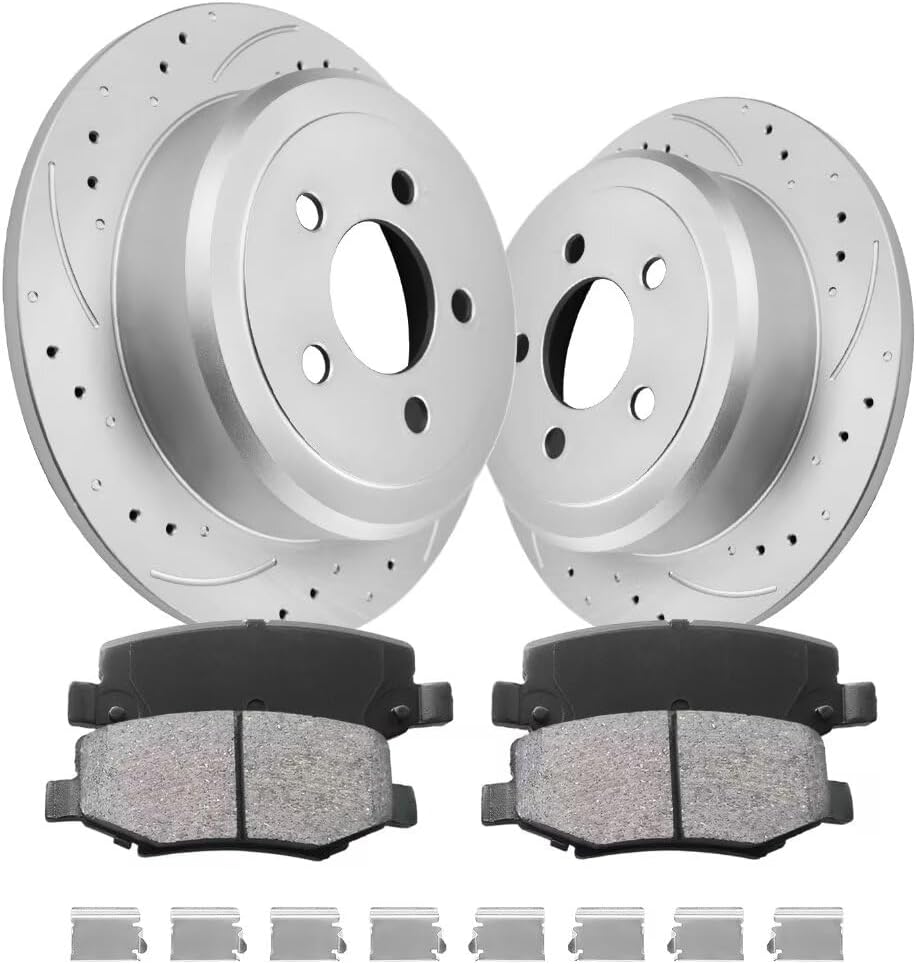 Rear Automotive Replacement Brake Kit, Drilled Slotted Brake Rotors Kit Compatible with 2008-2012 Jeep Liberty, 2007-2011 Dodge Nitro|Anti-Rust Geomet Coated|316mm(12.4in)|D1274-8390 & 53044