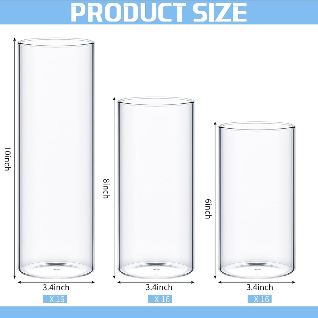 Didaey 48 Pcs Cylinder Vases Set for Centerpieces 3.4''Diameter 4/5/6/7/8/10 Inch Tall Clear Glass Vase Hurricane Floating Candle Holder for Table Decoration (6'',8'',10'' Tall)