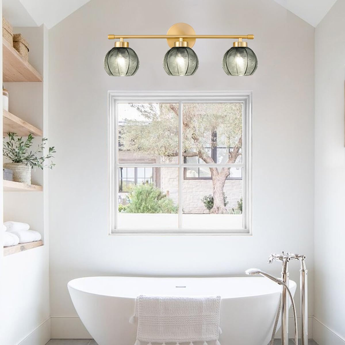 Modern 3 Lights Wall Sconce Lighting, Vintage Bathroom Light Fixtures Gold Vanity Light, Farmhouse Green Glass Wall Lamp, Porch Wall Mount Light for Mirror Living Room Bedroom
