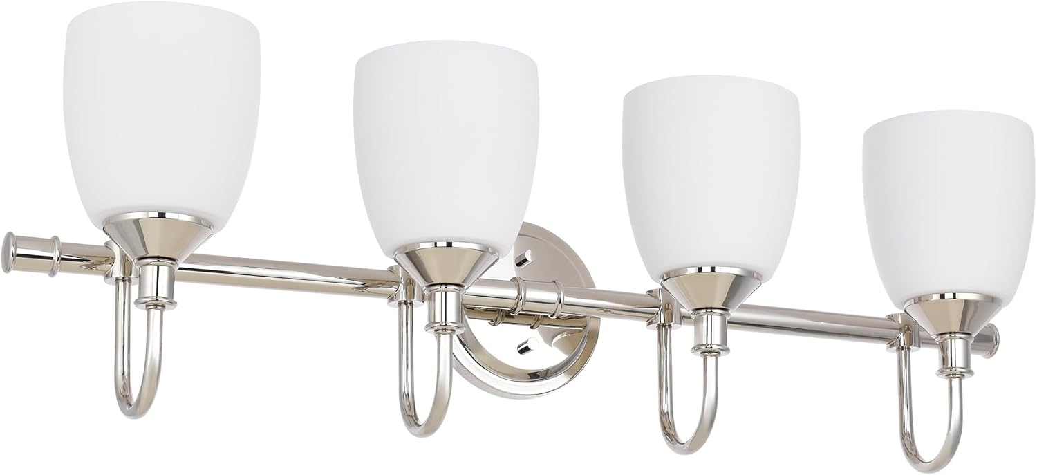 4-Light Polished Nickel Bathroom Vanity Light Fixtures Over Mirror, Vintage Vanity Lights for Living Room, Milk White Glass Shades, Standard E26 Base