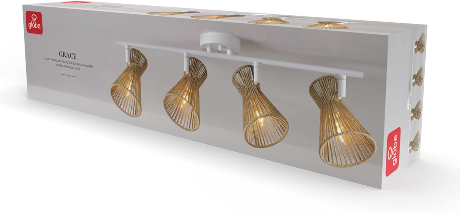 Globe Electric 64000050 28' 4-Light Track Lighting, Matte White, Natural Twine Shades, Ceiling Light, Pivot Shade, Kitchen Lights, 4 Bulb Track-Light