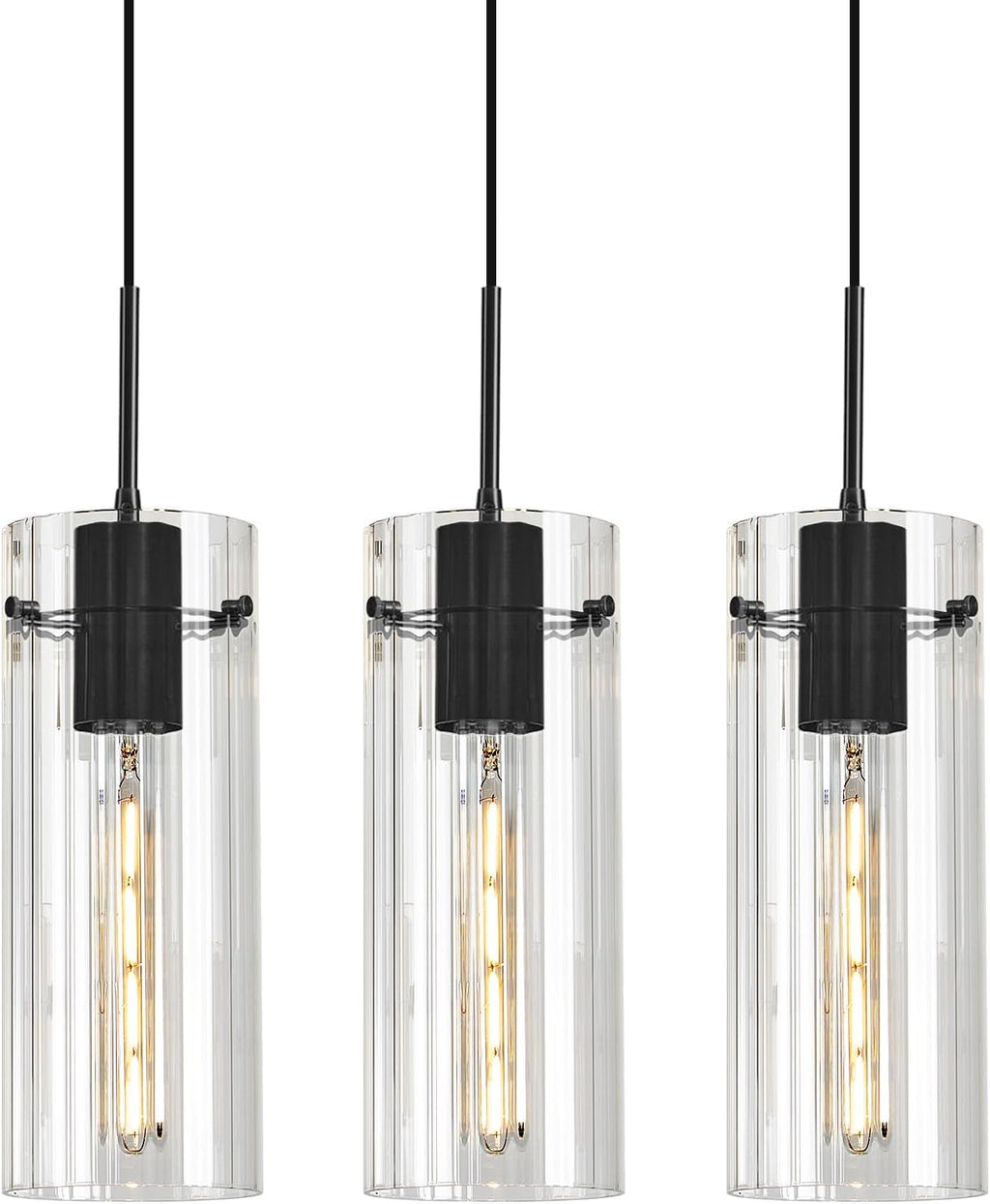 Glass Black Pendant Light, 3 Pack Modern Kitchen Island Pendant Lighting with Ribbed Glass, Adjustable Cord Minimalist Pendant Light for Over Island, Dining Room, Bathroom Bedroom