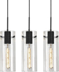 Glass Black Pendant Light, 3 Pack Modern Kitchen Island Pendant Lighting with Ribbed Glass, Adjustable Cord Minimalist Pendant Light for Over Island, Dining Room, Bathroom Bedroom