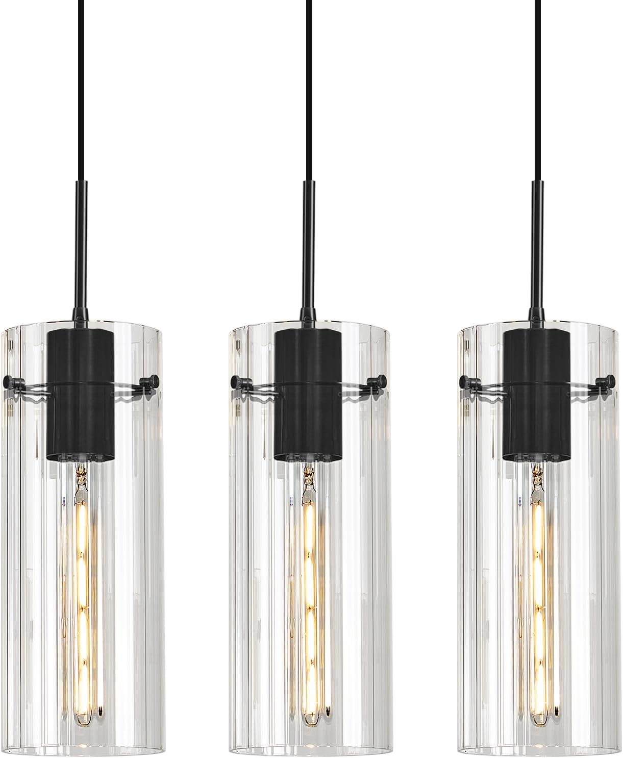Glass Black Pendant Light, 3 Pack Modern Kitchen Island Pendant Lighting with Ribbed Glass, Adjustable Cord Minimalist Pendant Light for Over Island, Dining Room, Bathroom Bedroom