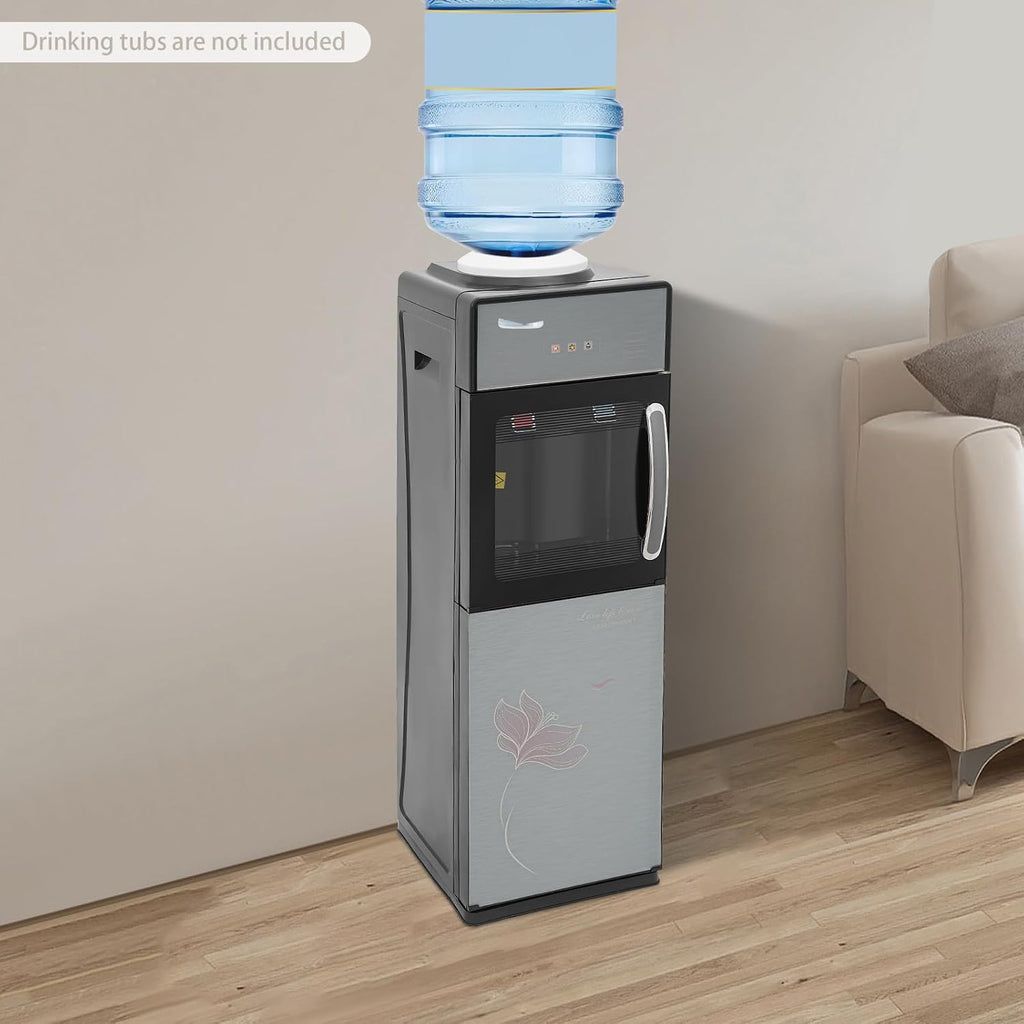 Bacocoo Freestanding Hot&Cold Water Dispenser for Home Office, Top Loading Water Dispenser with Hot,Cold Room Temp, Grey&Black Compact Space-Saving Design.