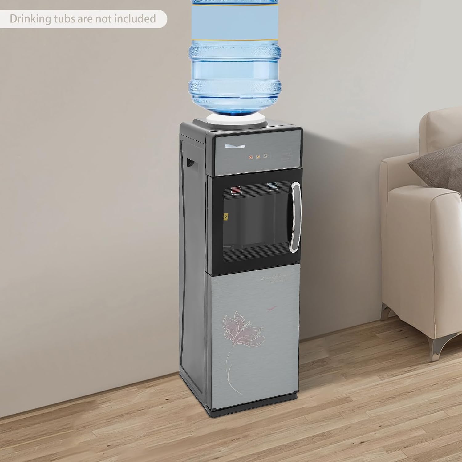 Bacocoo Freestanding Hot&Cold Water Dispenser for Home Office, Top Loading Water Dispenser with Hot,Cold Room Temp, Grey&Black Compact Space-Saving Design.
