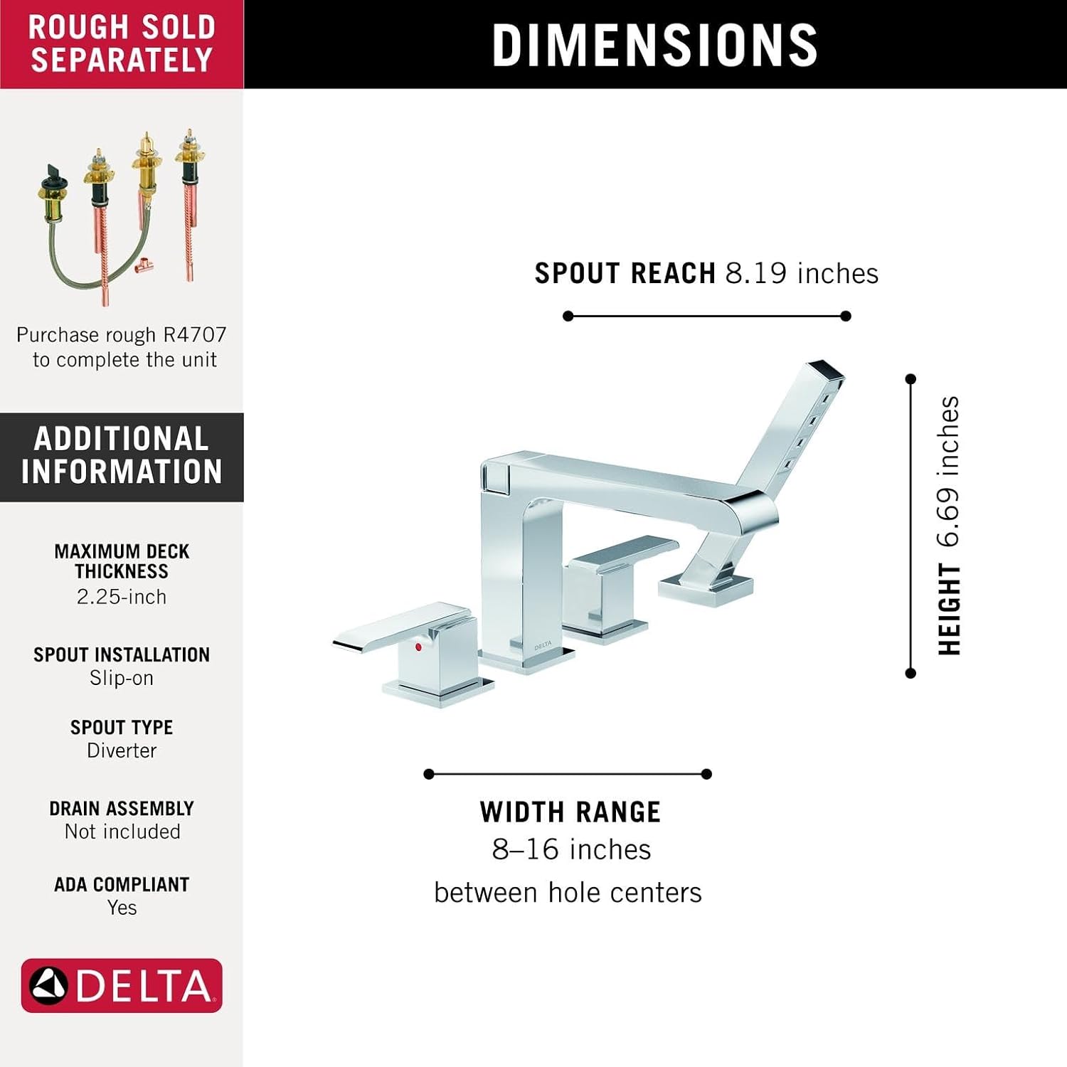 Delta Faucet Ara Roman Tub Trim with Hand Shower - 4-Hole Deck Mount Bath Tub Faucet with Hand Sprayer - Chrome, T4767 (Rough Sold Separately)