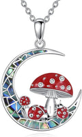 Diamond Moon Mushroom Necklace for Women 925 Sterling Silver Red Mushroom Ladybug Pendant Necklace with Abalone Jewelry Gifts for Mom Wife Sister Friend Christmas Birthday,18+2 inch