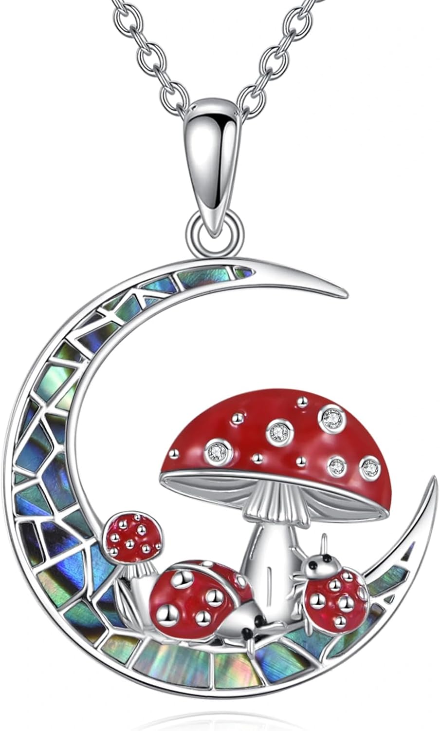 Diamond Moon Mushroom Necklace for Women 925 Sterling Silver Red Mushroom Ladybug Pendant Necklace with Abalone Jewelry Gifts for Mom Wife Sister Friend Christmas Birthday,18+2 inch