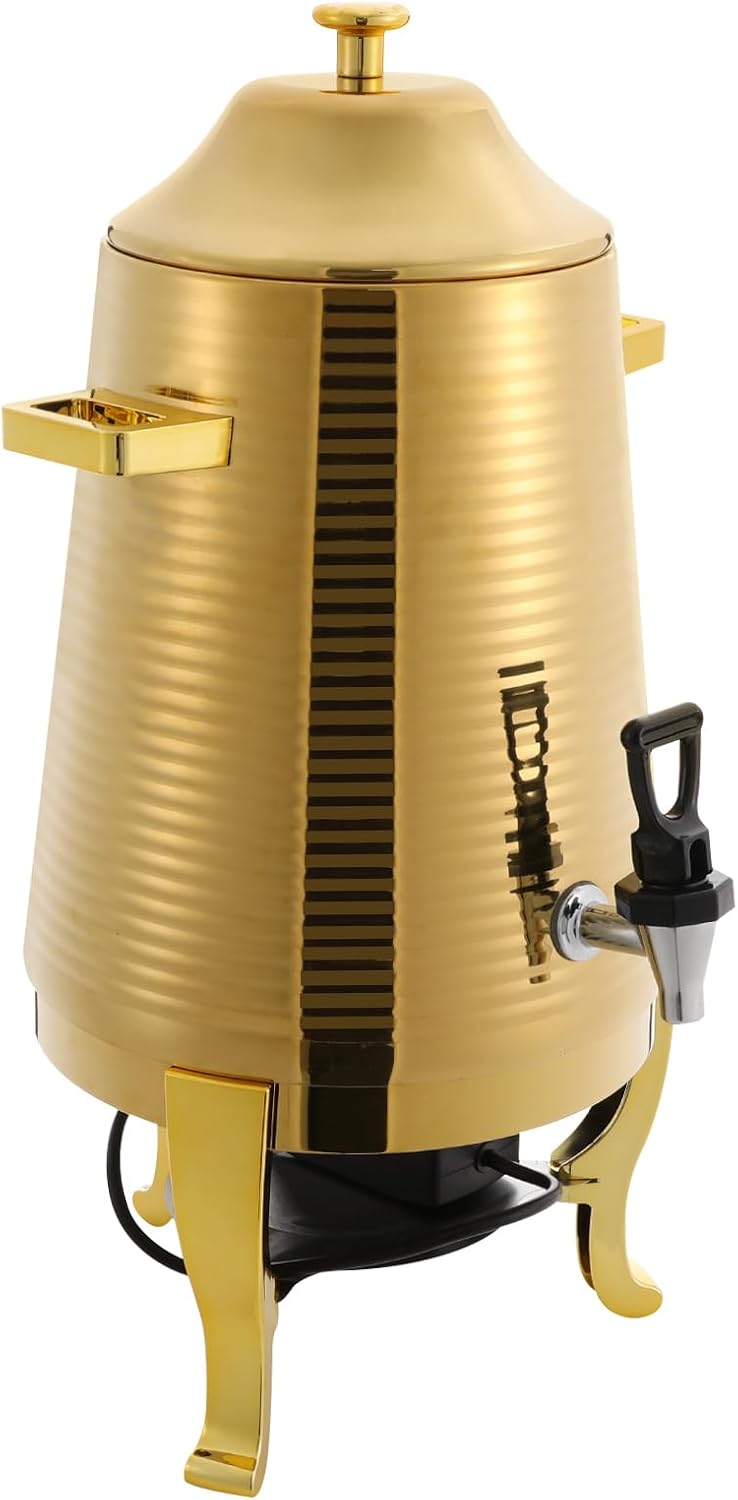 Insulated Beverage Dispenser 13L Stainless Steel Hot Drink Dispenser Countertop Commercial Hot and Cold Coffee Carafe with Spigot & Stand for Tea, Coffee, Milk, Water & Juice (Gold)