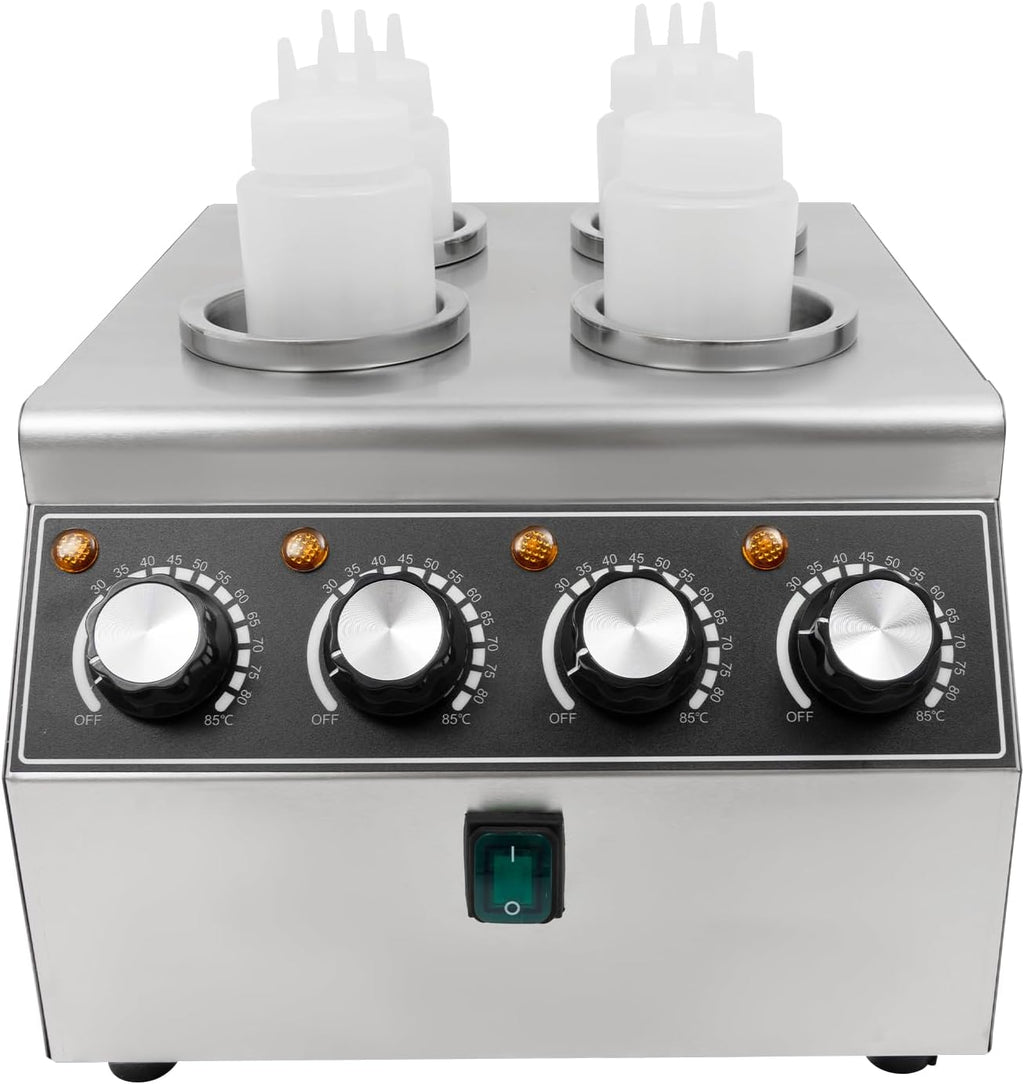 Electric Sauce Warmer Dispenser, 4 Grids Countertop Stainless Steel Sauce Heat Preservation Machine Hot Fudge Bottle Warmer Nacho Cheese Warmer Dispenser 86-185 ℉ 650ml