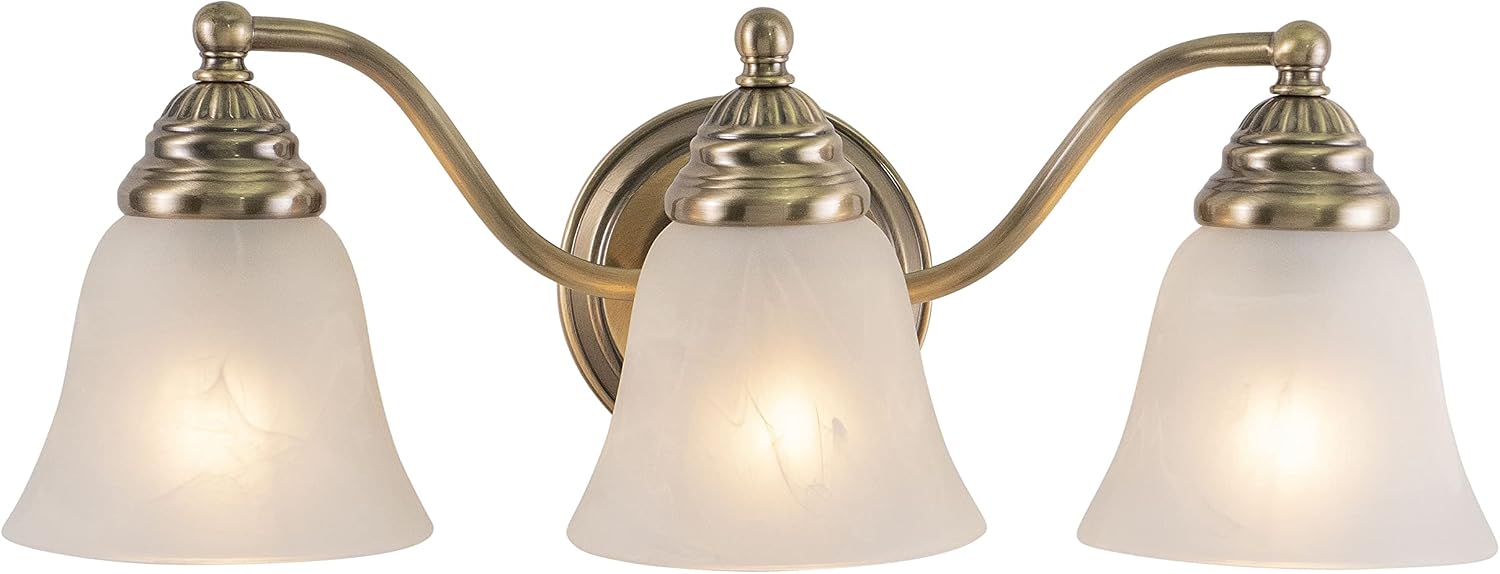 VAXCEL Standford 3-Light 19 inch Wide Antique Brass Gold Traditional Bathroom Vanity Lighting Fixture, White Alabaster Glass Shade, Dimmable, LED Compatible, Over the Mirror Mounted Steel Wall Sconce