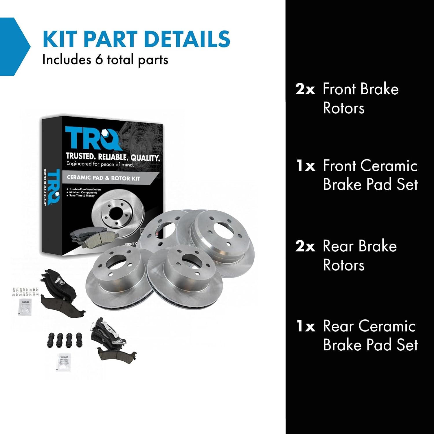 TRQ Front and Rear Brake Pad and Rotor Set Ceramic Vented Solid Rotors Compatible with 1995-1998 Jeep Grand Cherokee