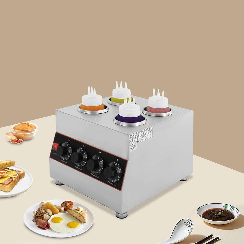 Electric Sauce Warmer Dispenser, 4 Bottle Stainless Steel Countertop Chocolate & Cheese Warmer Machine with Adjustable Temperature (86-185°F), Water Bath Heating for Restaurants, Home, Cafes