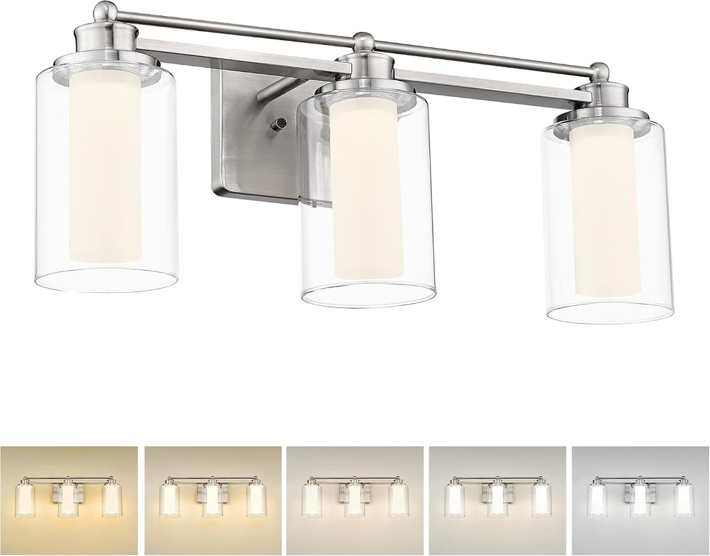 Modern Bathroom Light Fixtures, HWH Brushed Nickel Vanity Lights for Bathroom, Wall Light Fixtures Clear Glass, LED Vanity Lights 5CCT Dimmable 18W, 5HLT63B-3W-LED BN