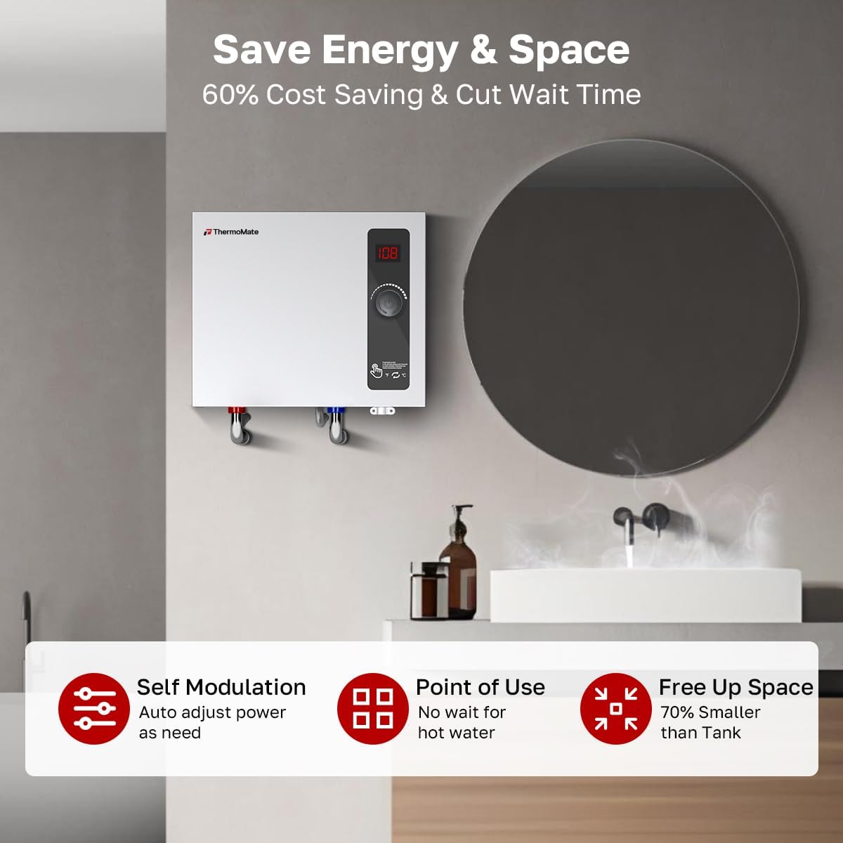 Tankless Water Heater Electric, ThermoMate 14kW 240 Volt On Demand Instant Hot Water Heater for 1-2 Fixtures, Max 3.4 GPM Self-Modulating, ETL Certified for Residential Indoor