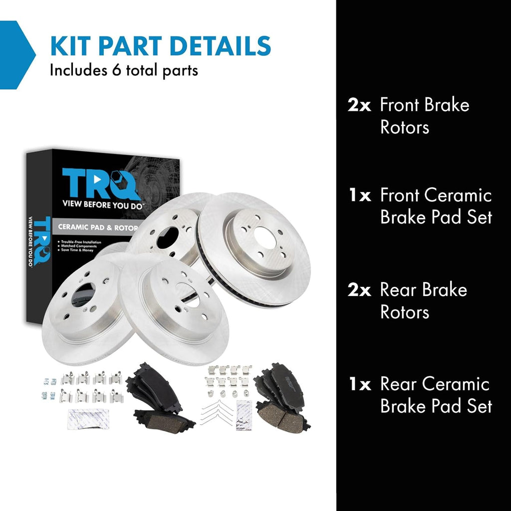 TRQ Front & Rear Brake Pad & Rotor Kit Ceramic Compatible with 21-23 Lexus ES250 19-23 ES300h ES350 19-22 UX200 UX250h Toyota Avalon 20-22 C-HR 18-23 Camry 22-23 Corolla Cross RAV4 Venza