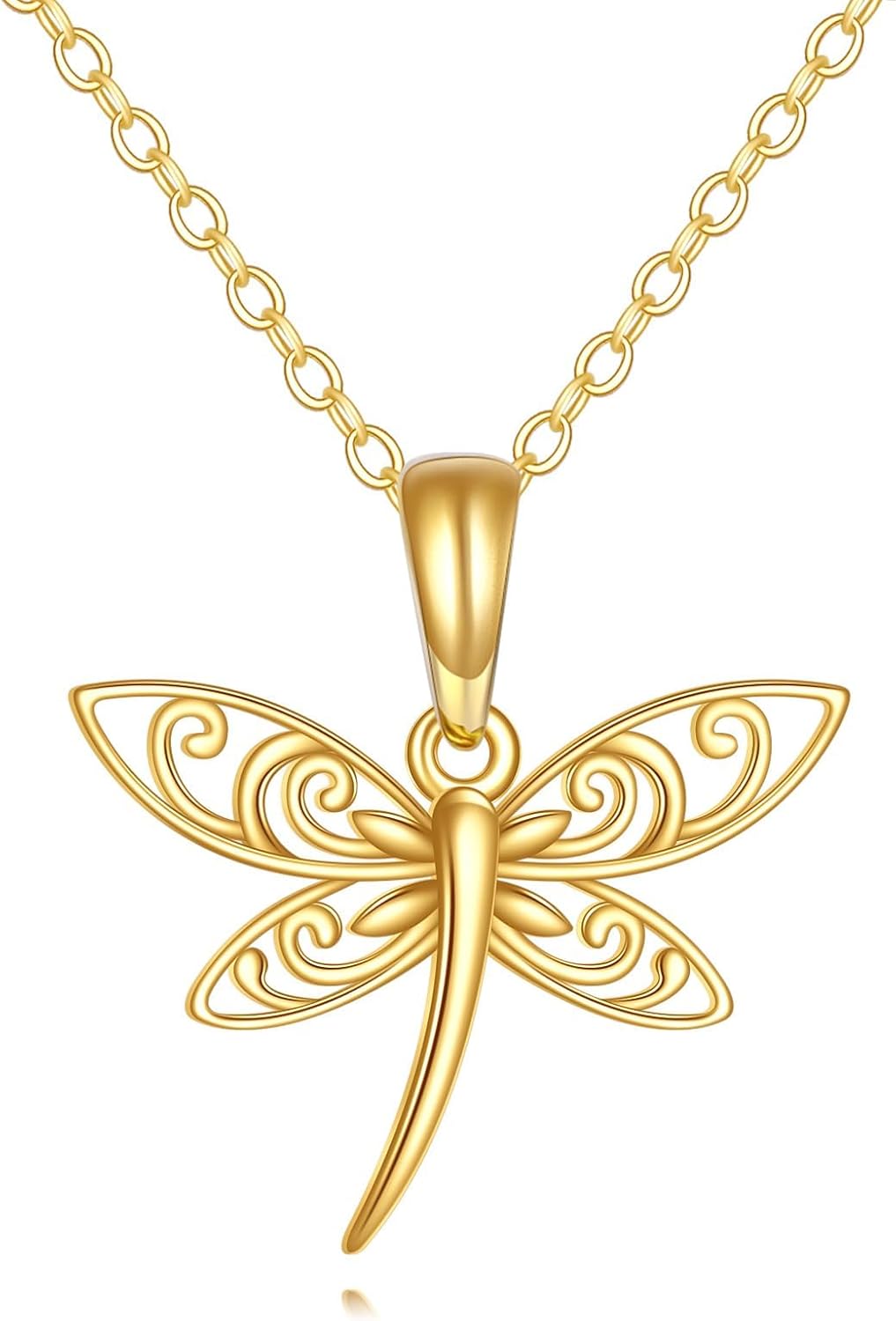 DOVRAN Real Solid Gold Birthstone Butterfly/Dragonfly/Bee/Hummingbird Necklace for Women Yellow Gold Animal Pendant for Christmas Dainty Jewelry Birthday Gifts for Mom Wife