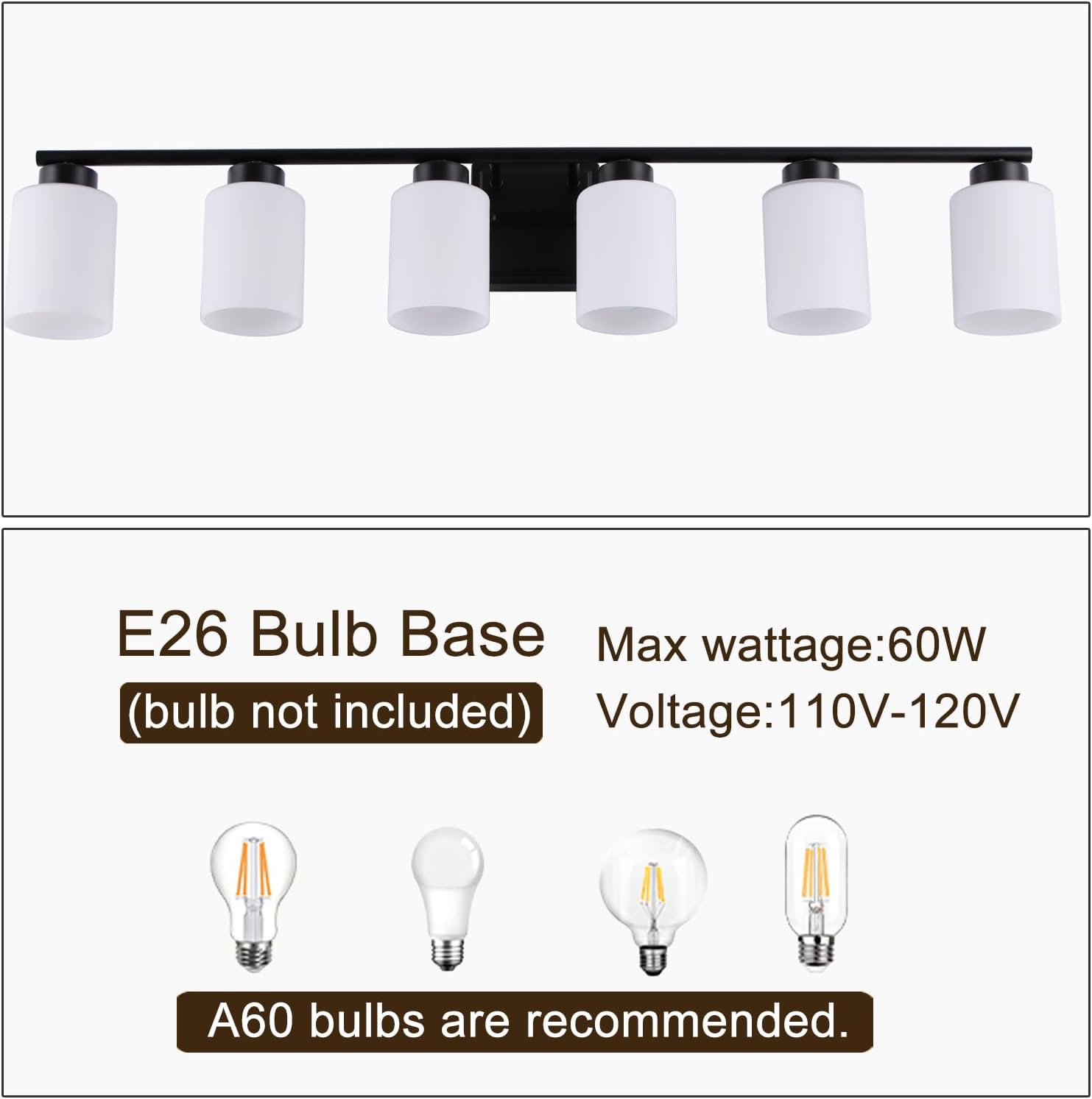 6 Light Bathroom Light Fixtures, 40 Inches Vanity Lights for Mirror, Black Vanity Lighting Fixtures with Milky White Glass Shades