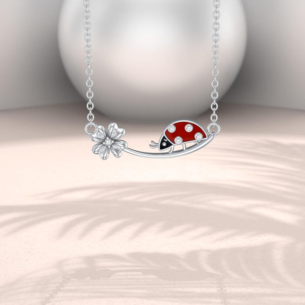 Diamond Ladybug Necklace for Women 925 Sterling Silver Lucky Four Leaf Clover and Ladybug Necklace with Lab Grown Diamonds Jewelry Gifts for Mom Wife Girlfriend Daughter