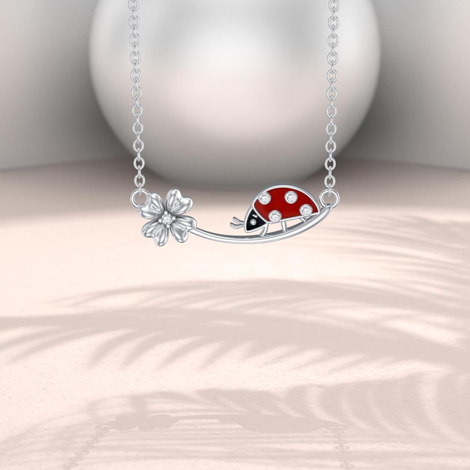 Diamond Ladybug Necklace for Women 925 Sterling Silver Lucky Four Leaf Clover and Ladybug Necklace with Lab Grown Diamonds Jewelry Gifts for Mom Wife Girlfriend Daughter