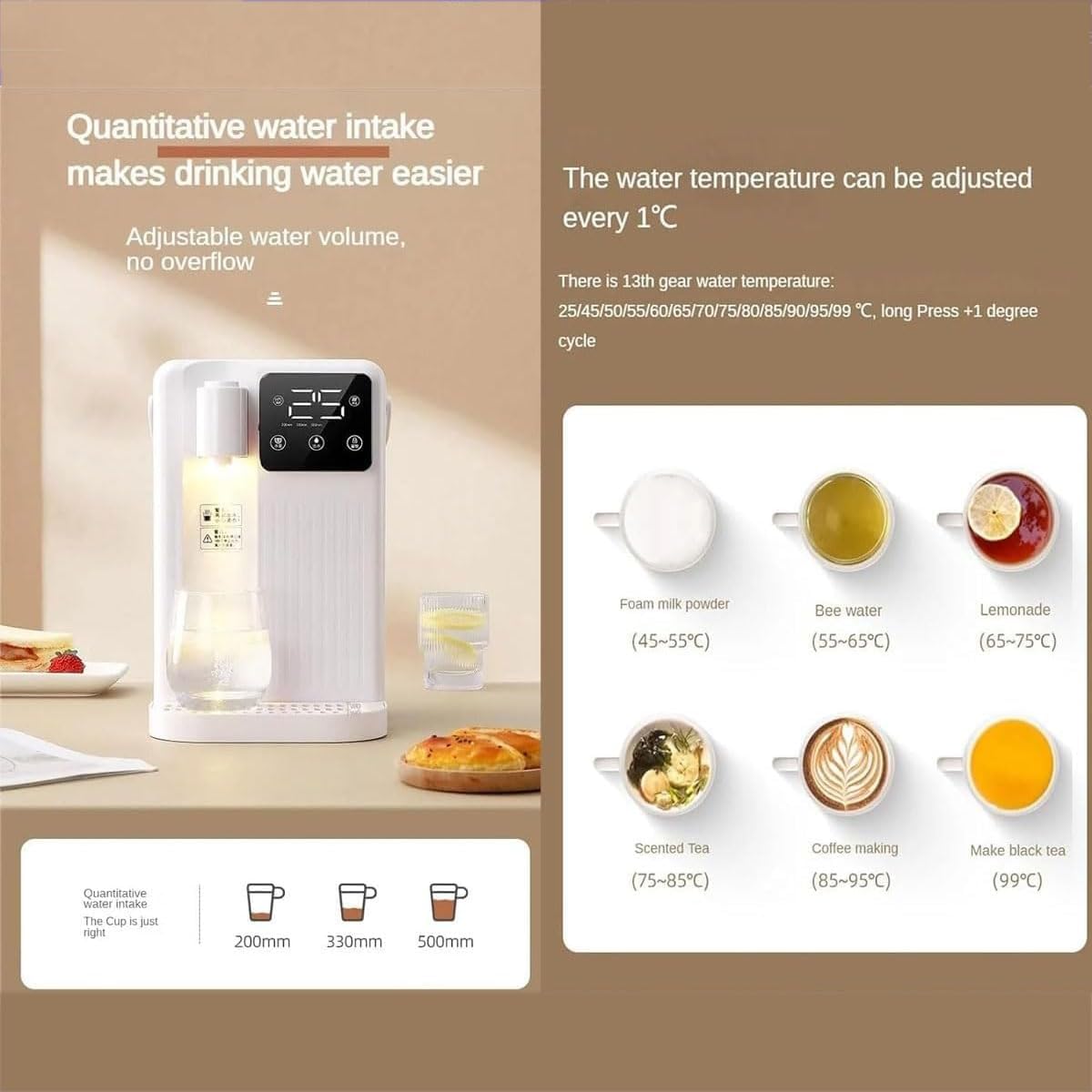 Instant Hot Water Dispenser, 3L Electric Hot Water Boiler with LED Night Light, 3 Water Volume Choices and 13 Stage Temperature Adjustment, 3 Seconds Quick Heating and Easy to Use, for Kitchen