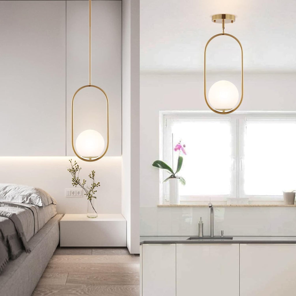 BYOLIIMA Modern Gold Globe Pendant Light Mid Century Chandelier 1-Light Brushed Brass Ceiling Hanging Lighting Fixture with White Globe Glass Lampshade for Kitchen Island Dining Room Bedroom (2 Pack)