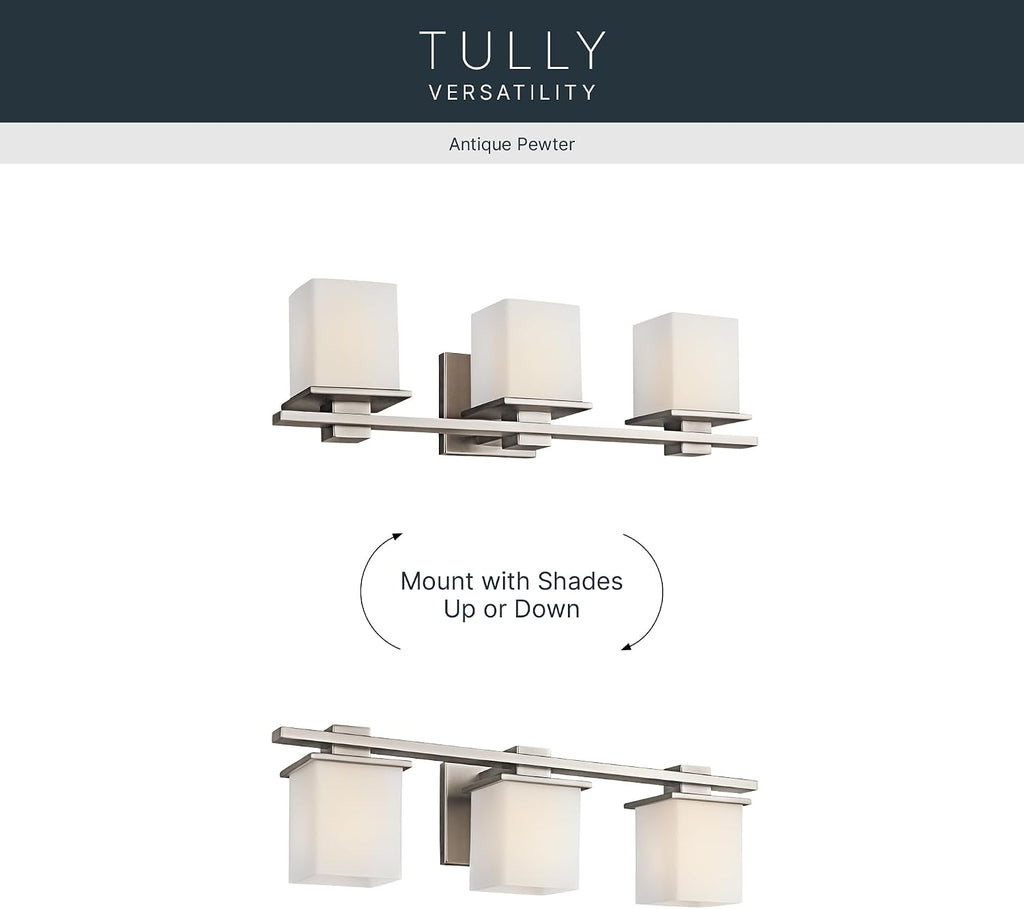Kichler Tully 24' Vanity Light in Antique Pewter, 3-Light Modern Bathroom Light with Satin Etched Cased Opal Glass, (24' W x 6.5' H), 45151AP
