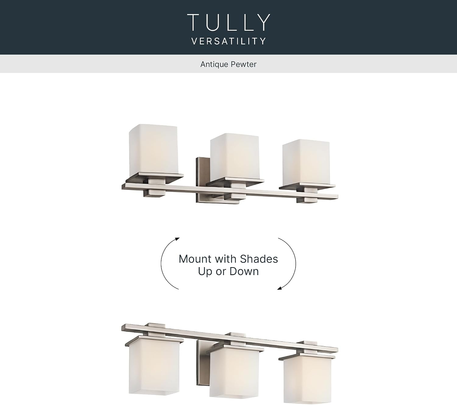 Kichler Tully 24' Vanity Light in Antique Pewter, 3-Light Modern Bathroom Light with Satin Etched Cased Opal Glass, (24' W x 6.5' H), 45151AP