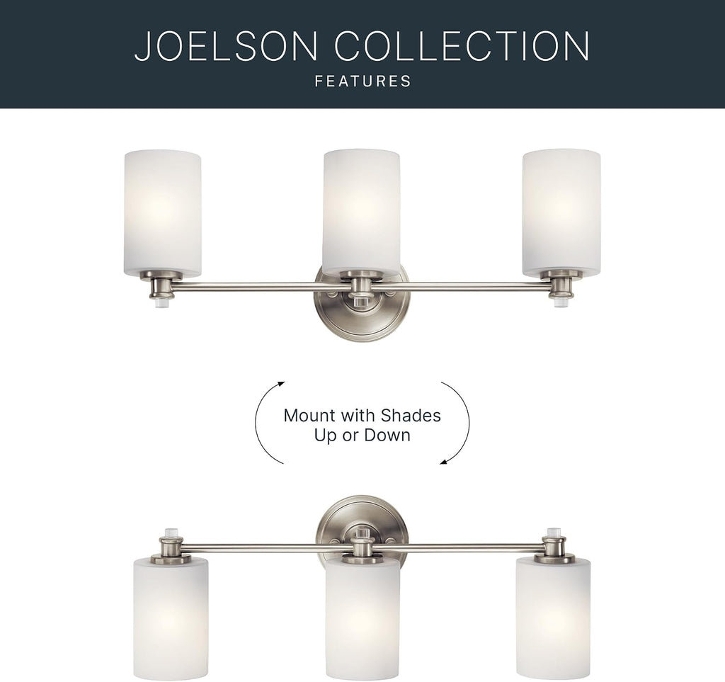 Kichler Joelson 24' 3 Light Vanity Light with Satin Etched Cased Opal and Clear Glass Accent Glass in Brushed Nickel