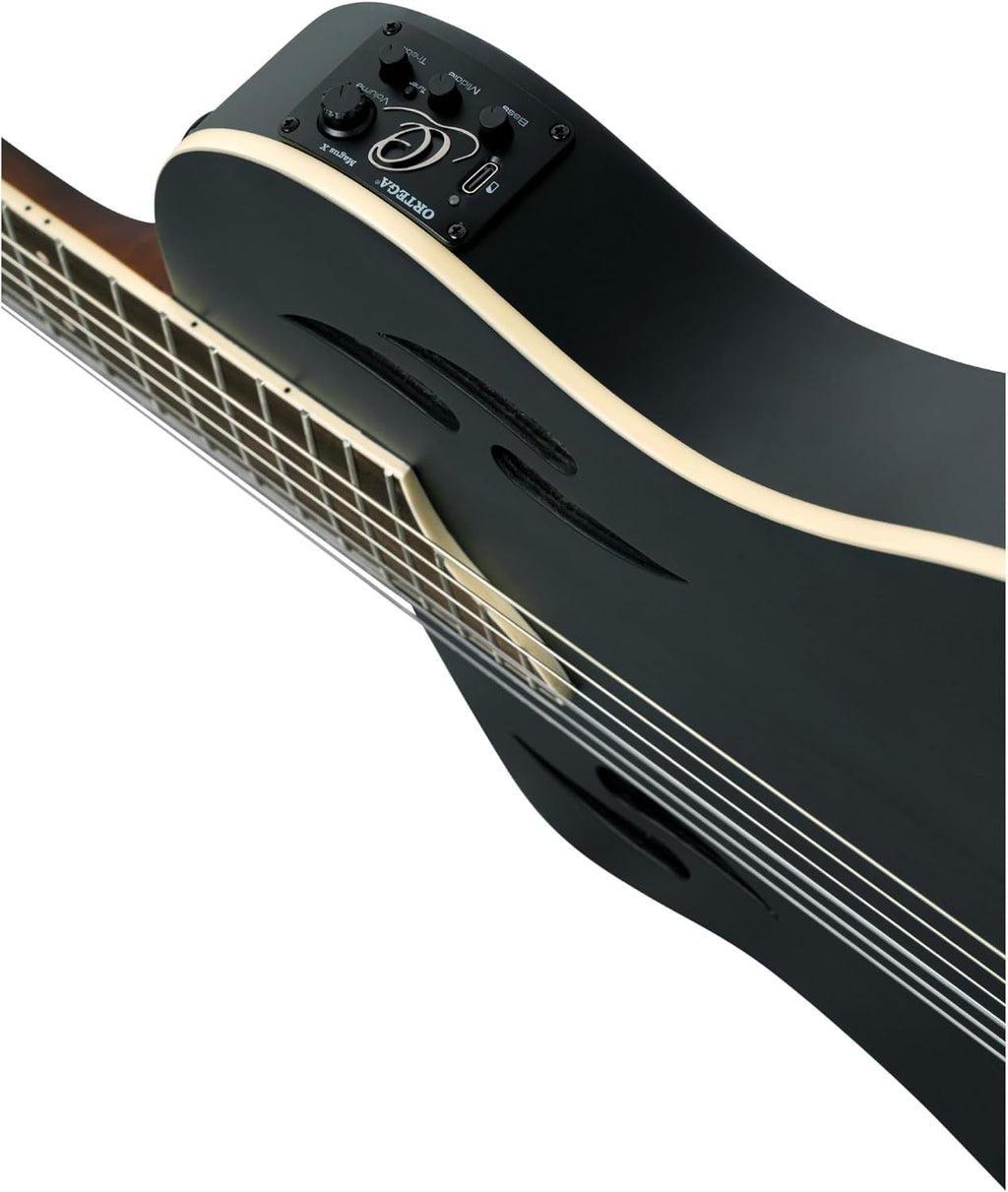 Ortega Lefty TourPlayer Standard Thinline Crossover Nylon-String Electric Guitar w/Pro gig bag, Satin Black (RTPSTD-SBK-L)